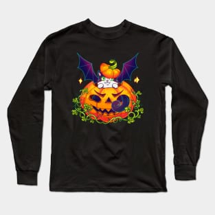 For the dark background: The Cat-bat, a pumpking and Halloween Long Sleeve T-Shirt